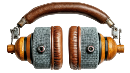 Vintage Headphones: A close-up shot of a classic headphone with leather and wood accents. It's an aesthetic piece of equipment that symbolizes music listening, and audio entertainment.