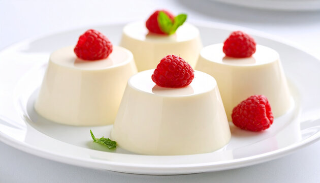 Tasty white mousse dessert with fresh raspberries. Delicious dessert.