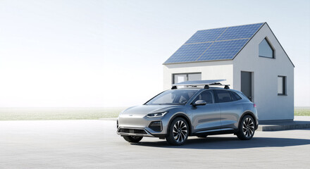 Modern electric car and house with rooftop solar panels