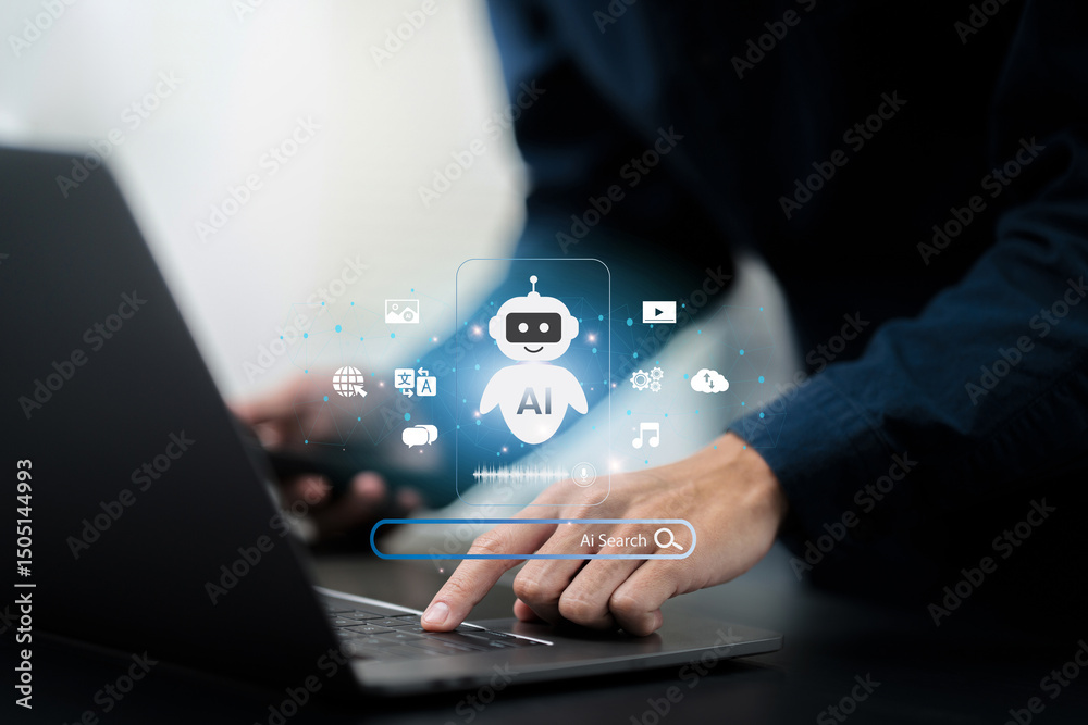 Poster ai search engine and seo search engine optimization concept. a person uses a laptop, interacting wit