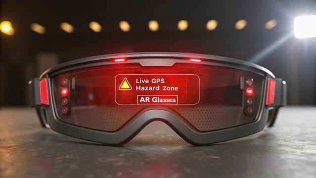 Emergency Rescue and GPS: A Lifesaving Connection Concept, High-tech AR glasses displaying live GPS and hazard zone alerts.