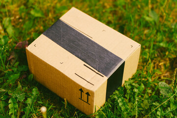 Cardboard shipping box placed on grass
