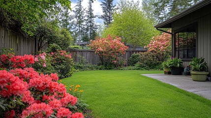 Naklejka premium A vibrant spring garden with blooming rhododendrons and lush green lawn evoking peace and beauty in a suburban backyard
