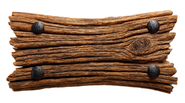 Old weathered wooden plank with rivets isolated on transparent background