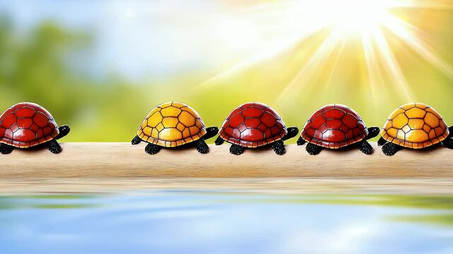 Five Colorful Turtles Walking on Branch Over Blue Water