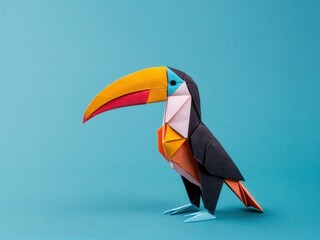 A vibrant origami toucan elegantly placed against a serene tropical blue backdrop