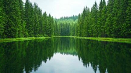 Obraz premium Serene forest reflection in tranquil lake showcases the delicate balance and beauty of a natural ecosystem This stunning landscape imparts a sense of peace solitude and quiet contemplation