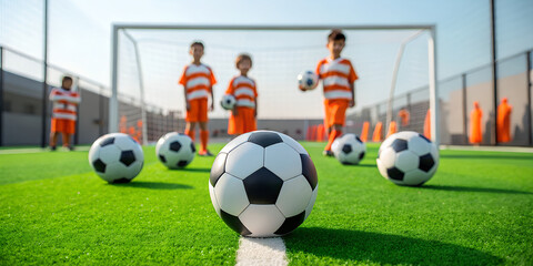 Soccer practice with kids on green field with soccer balls and goal