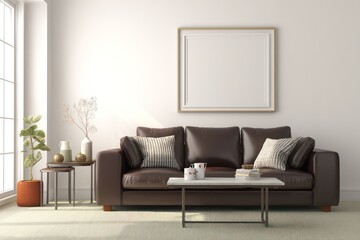 Stylish living room with leather furniture, an empty wall for artwork, and minimalist decor elements.