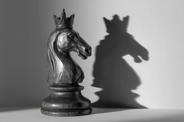 A chess knight piece casting its shadow on the wall in front of it, which is a silhouette of a king with a crown and shield. 