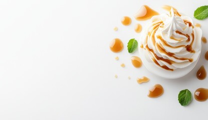 Delicious Caramel Topped Whipped Cream Dessert Presentation on a White Surface Close Up View