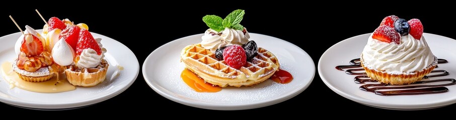 Delightful Dessert Waffles with Fresh Fruit Toppings and Whipped Cream on White Plates Displayed Nicely