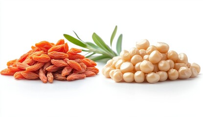 Dried Goji Berries and Macadamia Nuts Duo with Green Leaves on a White Background Composition