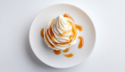 Dessert Delight Swirl of Cream Topped with Caramel Sauce on a White Plate Artistic Presentation