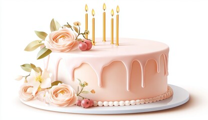 Elegant Birthday Celebration Cake Adorned with Flowers and Candles Celebration of Sweet Joy