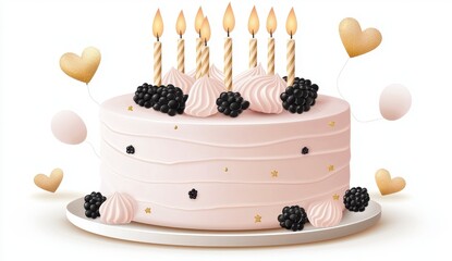 Elegant Celebration Cake with Candles Blackberries and Hearts for Special Occasions or Birthday