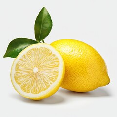 Fresh Lemons with Leaves Slices and Whole Lemon Fruit Citrus on a White Background Clean Backdrop