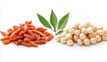 Goji Berries and Lotus Seeds with Green Leaves on a White Background Still Life Composition