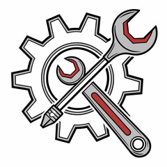 Vector illustration of gear and wrench symbol representing electronics maintenance, isolated on white background