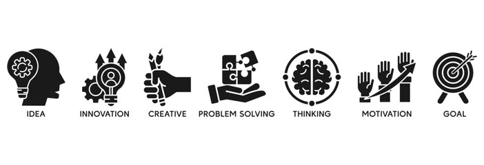 Obraz premium Creativity icon set vector illustration concept relate to idea, innovation, creative, problem solving, thinking, motivation, goal