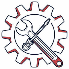 Vector illustration of gear and wrench symbol representing electronics maintenance, isolated on white background