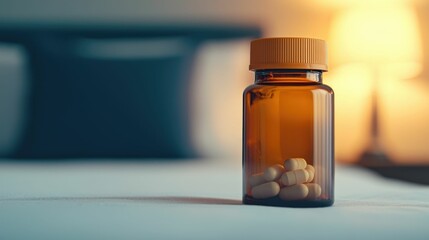 Close up of an amber glass bottle filled with cough syrup or other medical supplement resting on a wooden bedside table with soft warm lighting creating a peaceful serene atmosphere