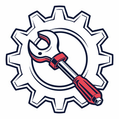 Vector illustration of gear and wrench symbol representing electronics maintenance, isolated on white background