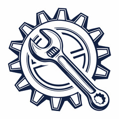 Vector illustration of gear and wrench symbol representing electronics maintenance, isolated on white background