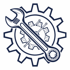 Vector illustration of gear and wrench symbol representing electronics maintenance, isolated on white background