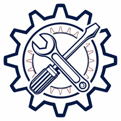 Vector illustration of gear and wrench symbol representing electronics maintenance, isolated on white background