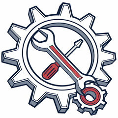 Vector illustration of gear and wrench symbol representing electronics maintenance, isolated on white background