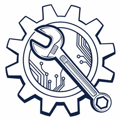 Vector illustration of gear and wrench symbol representing electronics maintenance, isolated on white background