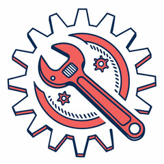 Vector illustration of gear and wrench symbol representing electronics maintenance, isolated on white background