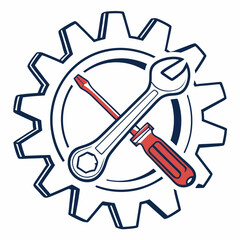 Vector illustration of gear and wrench symbol representing electronics maintenance, isolated on white background