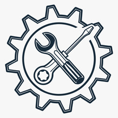 Vector illustration of gear and wrench symbol representing electronics maintenance, isolated on white background