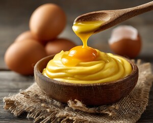 Creamy yellow custard in a wooden bowl with eggs and a spoon dripping custard on rustic wooden surface