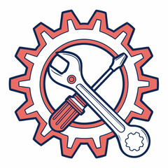 Vector illustration of gear and wrench symbol representing electronics maintenance, isolated on white background