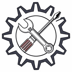 Vector illustration of gear and wrench symbol representing electronics maintenance, isolated on white background