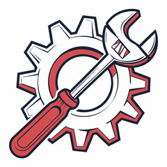Vector illustration of gear and wrench symbol representing electronics maintenance, isolated on white background