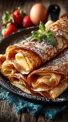 Crispy crepes filled with sweet cream served with fresh strawberries and a dusting of powdered sugar on dark rustic wooden table