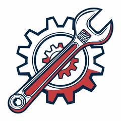 Vector illustration of gear and wrench symbol representing electronics maintenance, isolated on white background