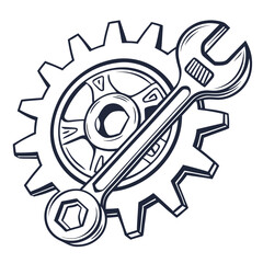 Vector illustration of gear and wrench symbol representing electronics maintenance, isolated on white background