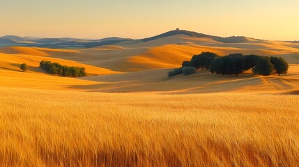 Obraz premium Golden wheat fields meet rolling Tuscan hills at sunrise promising a bountiful harvest under a vibrant sky in high