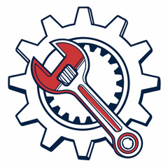 Vector illustration of gear and wrench symbol representing electronics maintenance, isolated on white background