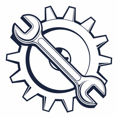 Vector illustration of gear and wrench symbol representing electronics maintenance, isolated on white background