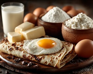 Fresh eggs, flour, milk, butter, and baked cheese on wooden table with cooked egg on pastry, ingredients for breakfast recipe