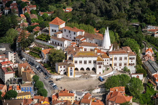 Beautiful view to the National Palace in the small town of Sintra