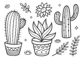 Hand-Drawn Cactus & Succulent Doodle Vector Set – Cute Botanical Illustrations for Stickers, Prints & Decor