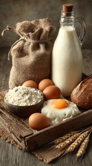 Fresh farm eggs, glass bottle of milk, loaf of bread, flour in black bowl, fried egg, burlap sack, 