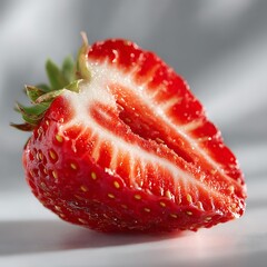 Juicy ripe strawberry sliced in half on a reflective surface with a soft blurred background
